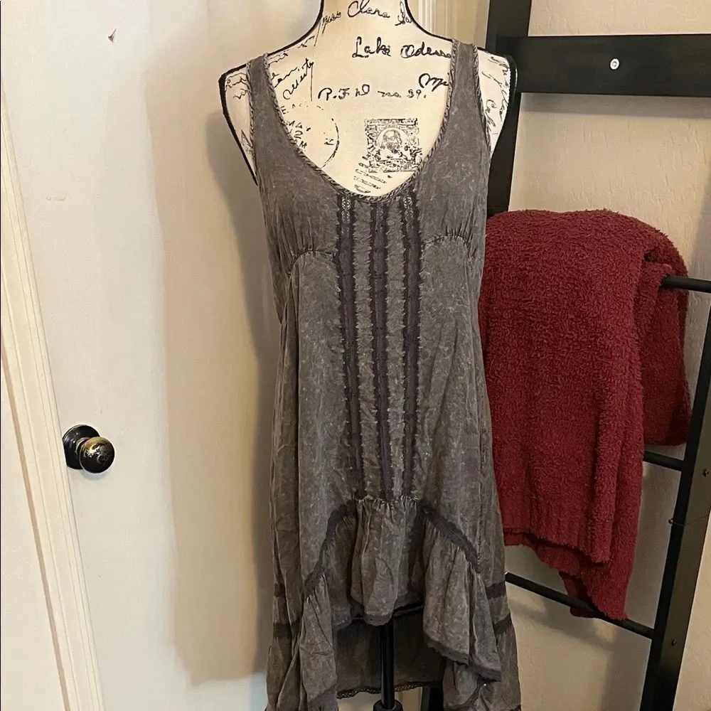 Free People Intimately Parisian Slip Gray Distressed Sleeveless Hi-Lo Dress Boho
